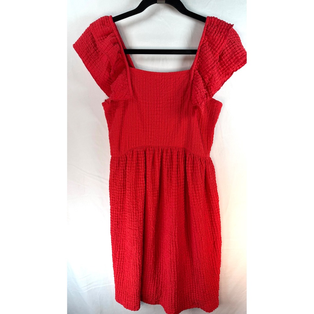 Zara Kids Girls Red Seersucker Ruffle Cap Sleeve Textured Dress Size 13-14 164cm